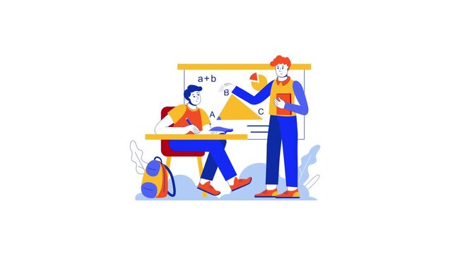 Animated math lesson with teacher and student in classroom illustration
