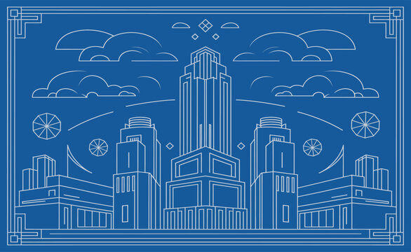 Art deco city skyline illustration in framed line art style for vintage poster design, retro architectural branding, and urban themed print projects