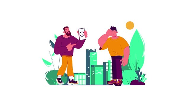 Flat vector illustration of two men with smartphone in urban deadline stress