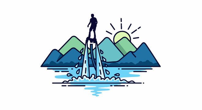 Person riding a hydrofoil jetpack above the water