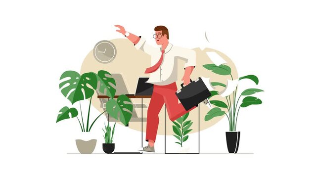 Animated businessman rushing through office with briefcase and laptop