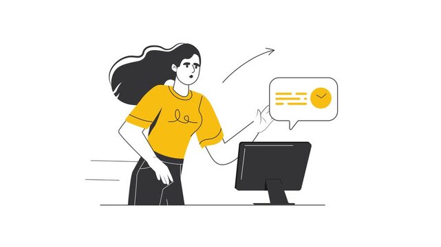 Woman using computer with message bubble and clock icon, animated illustration