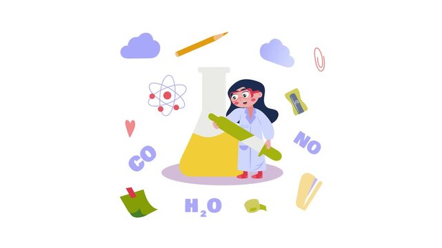 Animated young scientist with pencil and chemistry icons on white