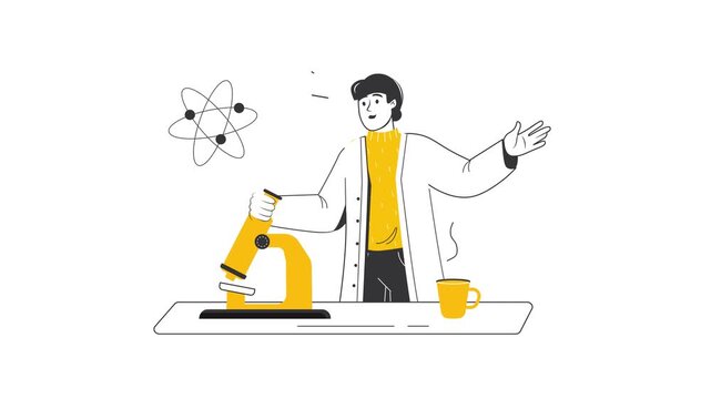 Scientist with microscope and atom symbol in flat animation scene