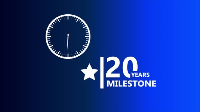 20 years celebration blue gradient badge with clock icon and star symbol highlighting corporate milestone achievement clean modern professional branding design 4k animation video