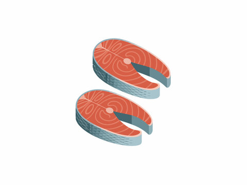 Raw salmon steaks with visible flesh and skin isolated white background fish food