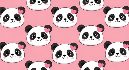 Fototapeta premium Cute funny cartoon panda head vector collection with seamless pattern baby animal character face illustration set for kids art
