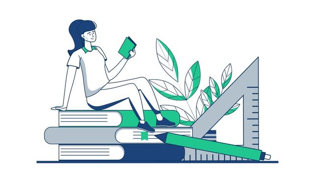 Animated student reading on stack of books with ruler and pencil