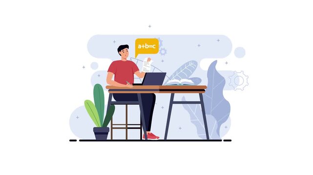 Student studying with laptop and math notes in modern home office