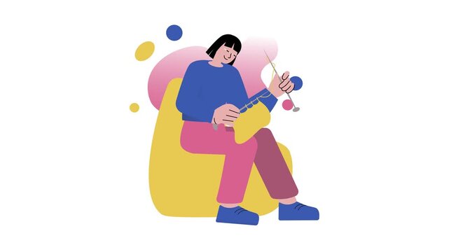 Seated woman knitting with yarn and needles in flat vector animation