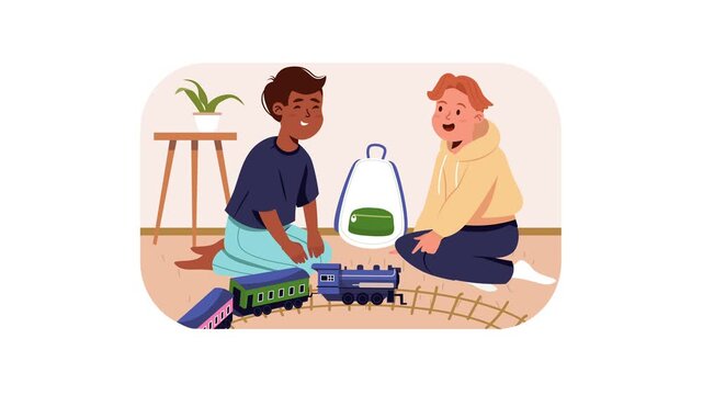 Children playing with toy train set in cozy room cartoon animation