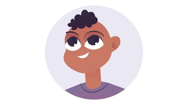 Smiling young Black boy avatar in circular frame, flat vector animation