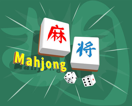 Two Mahjong tiles spell MAHJONG with dice and dynamic beams on a green backdrop - fusing tradition and energy in a punchy, playful design.