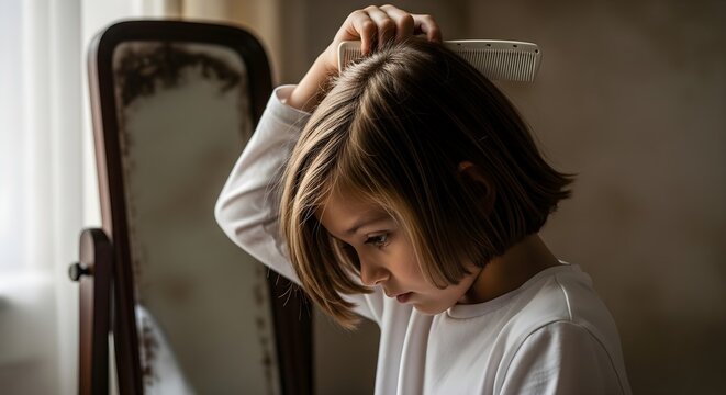 A contemplative alpha generation child focuses on a quiet self-care ritual, meticulously combing her hair, embodying early independence and routine formation