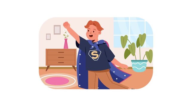 Animated boy superhero posing in living room with cape and raised fist
