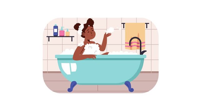 Animated girl bathing in turquoise tub with soap bubbles in bathroom