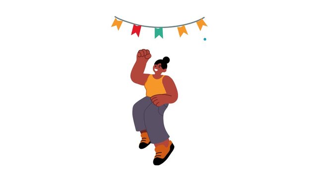 Animated woman dancing under festive bunting on white background