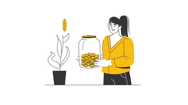 Animated woman holding coin jar beside plant and growth symbol