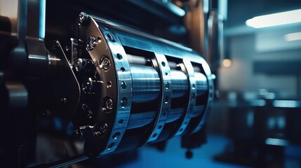 Fototapeta premium Intricate metal rollers and components within an industrial printing press machine