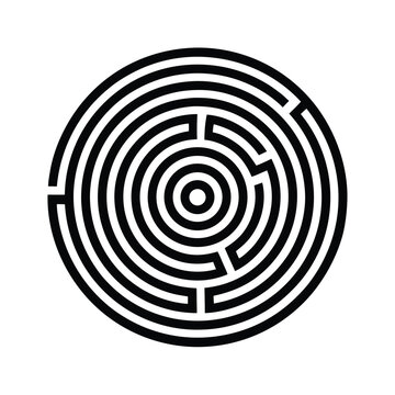 Simple Black Circular Labyrinth Vector Illustration &ndash; Minimal Maze Clipart Line Art Design for Printable Graphics