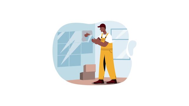 Animated window cleaner washing glass in modern apartment interior