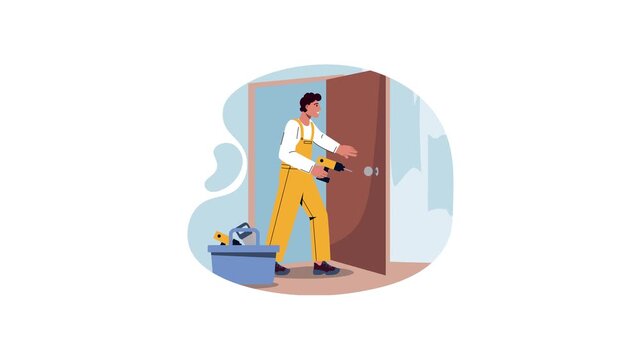 Handyman drilling a door lock with toolbox in home repair animation