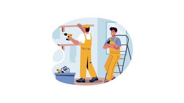 Construction workers renovating interior wall with ladder and tools animation
