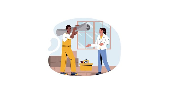 Animated illustration of two workers carrying rolled carpet in apartment
