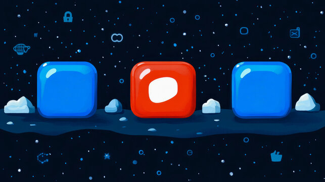 Vibrant Digital Icons in Space: central red, glossy app tile flanked by two blue tiles against dark, starlit digital cosmos background with floating symbols