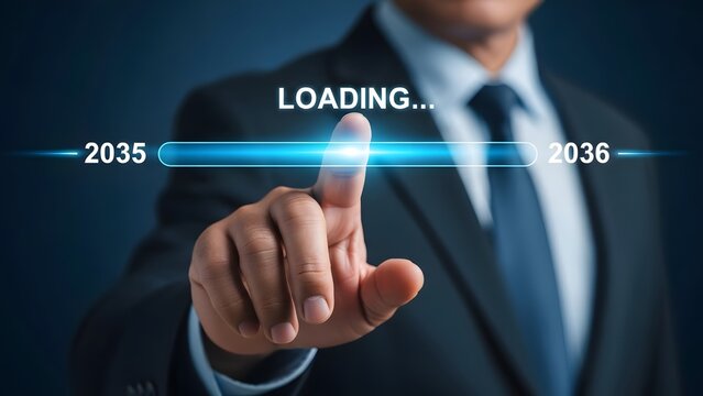 Businessman in suit interacting with a futuristic loading bar on a digital interface