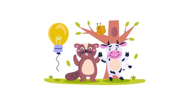 Cute woodland animals beside tree and light bulb in cartoon illustration
