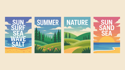 Four vibrant retro style travel posters showcasing summer themes sun surf nature and sand with corresponding landscapes and text high quality professional detailed modern elegant stylish © Roxxxxxxxxx