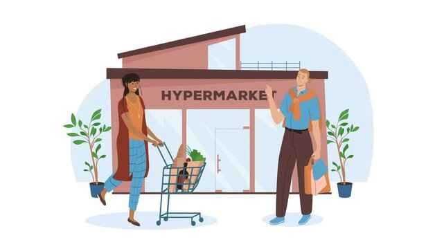 Two shoppers with grocery cart outside hypermarket in flat vector illustration