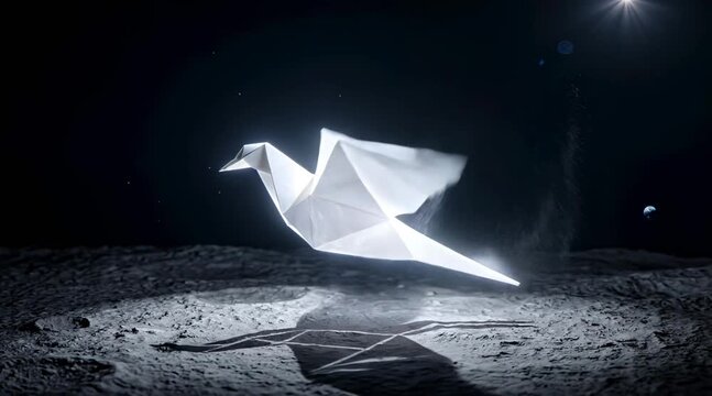 Glowing polygon origami bird hovering over lunar surface in dark space, light emerging from moon, futuristic scene for technology, innovation, exploration and digital concept visuals