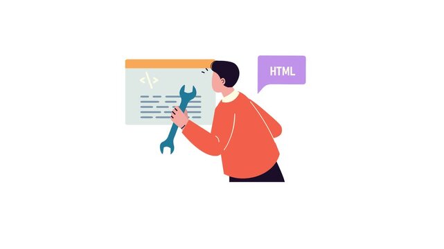 Animated developer fixing HTML code with wrench on programming screen