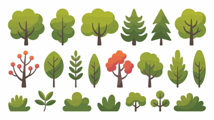 A colorful collection of cartoon trees and foliage including deciduous coniferous and shrub varieties arranged on a white background high quality professional detailed modern elegant stylish © Roxxxxxxxxx
