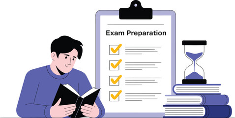 Exam preparation concept illustration with student studying checklist, time management, books and hourglass, education planning and test readiness © VectAmaze