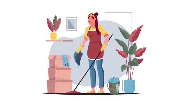 Woman mopping floor in tidy home interior with boxes and houseplants