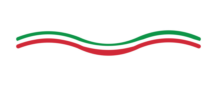 Italian flag colors wavy ribbon vector, green and red curved lines on white background, minimalist tricolor wave border for food and travel branding