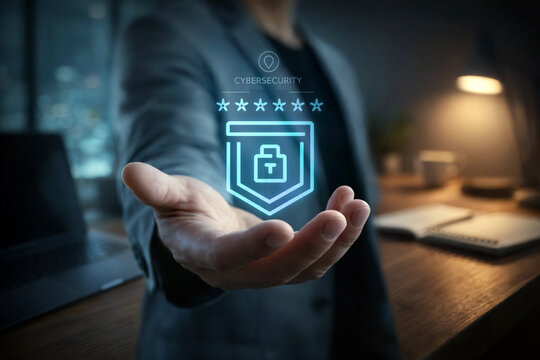 Cybersecurity and data protection concept. Business professional with holographic shield and padlock icon labeled CYBERSECURITY, symbolizing secure systems, resilience, and digital safety.