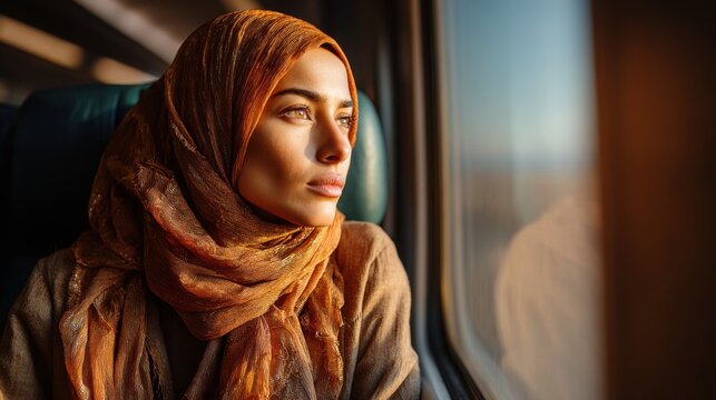 Woman looking out of a train window during sunset while wearing a headscarf and reflecting