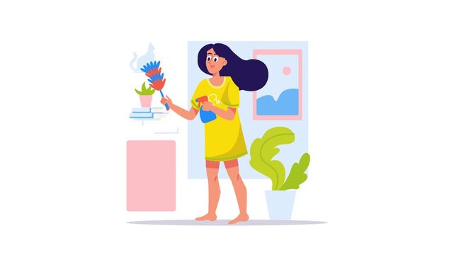 Animated woman cleaning home interior with spray and duster in flat style