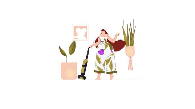 Flat animation of woman vacuuming beside houseplants in modern home