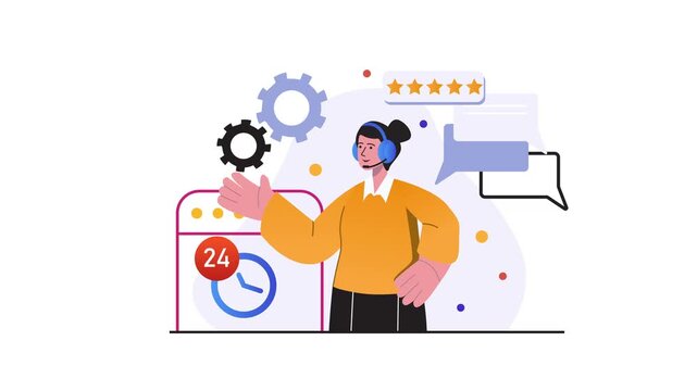 Animated customer support agent with headset, live chat and star rating