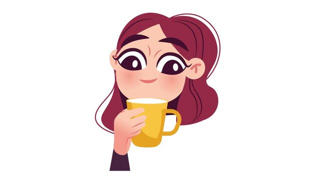 Cute animated young woman holding yellow mug isolated on white background