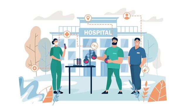 Animated hospital staff and medical research network flat vector illustration