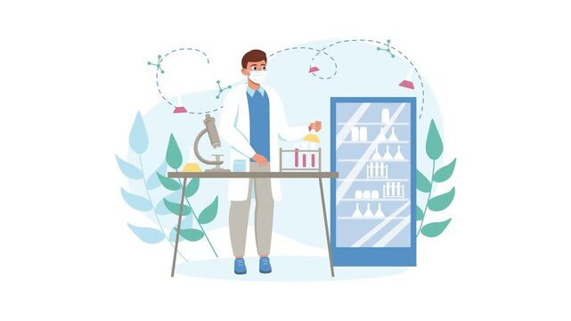 Animated scientist working in laboratory with microscope and test tubes