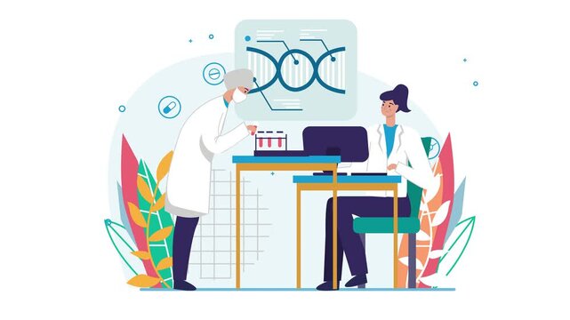 Doctors analyzing DNA sequence in medical research laboratory illustration