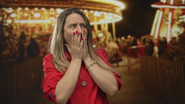 Middle aged woman covers mouth with red nails and hands on street illuminated by carnival lights at night; shock.