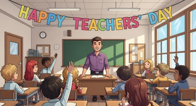 A cartoon classroom scene celebrating teachers' day with students and a teacher